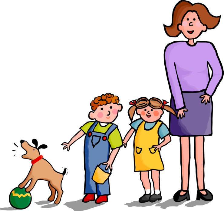 Vector Illustration of Parent Mother with Children and Family Dog