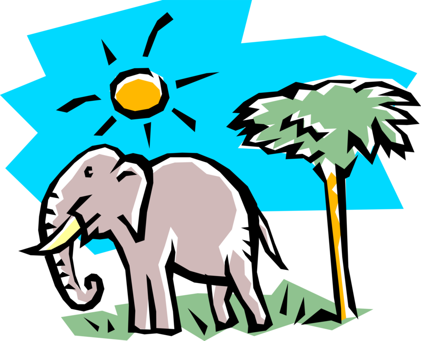 Vector Illustration of African Elephant with Sun and Tree