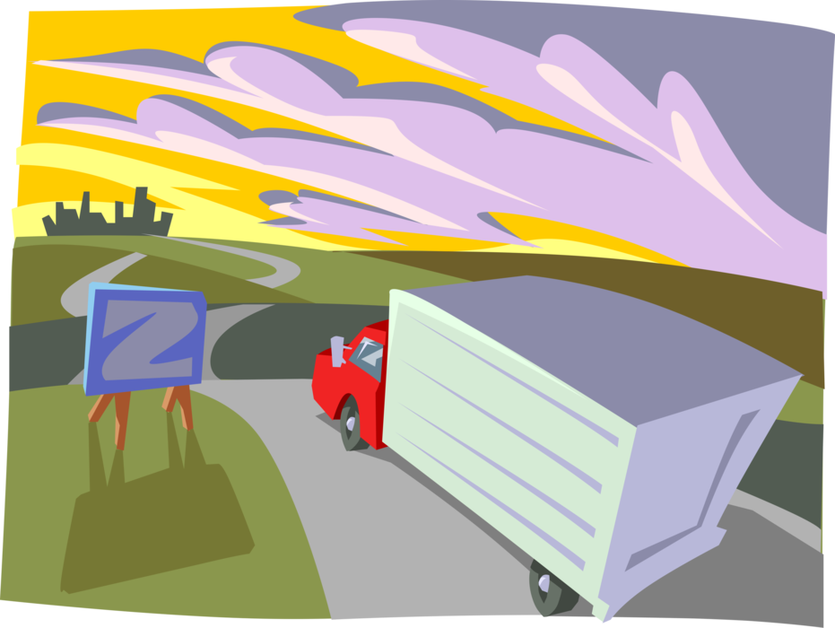 Vector Illustration of Transport Delivery Truck Approaches City Destination at Sunrise