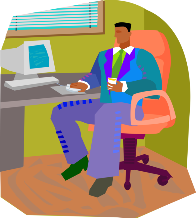 Vector Illustration of Businessman at Office Desk Checking Email on Computer