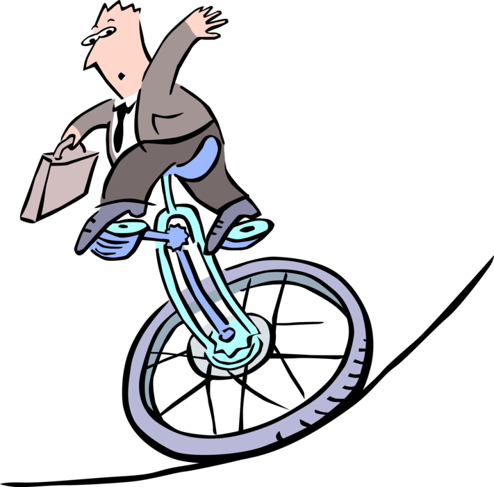 Vector Illustration of Businessman Balancing on Unicycle in Tightrope High-Wire Act