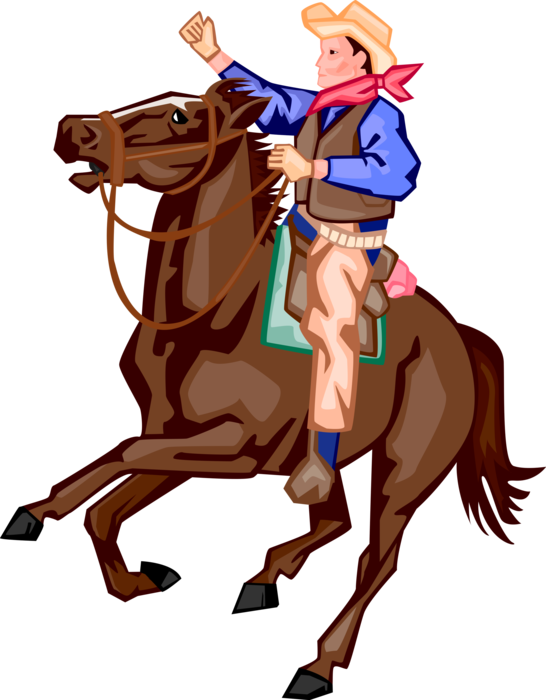 Vector Illustration of Western Cowboy on Horseback Rides Horse