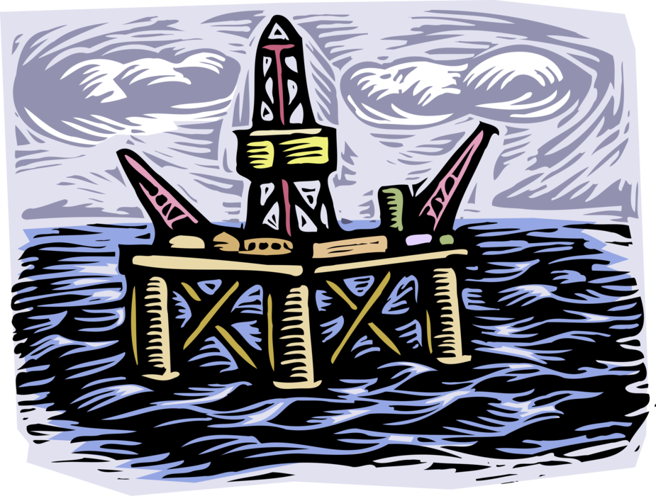 Vector Illustration of Offshore Petroleum Fossil Fuel Oil Rig Drilling Platform Polluting Marine Environment