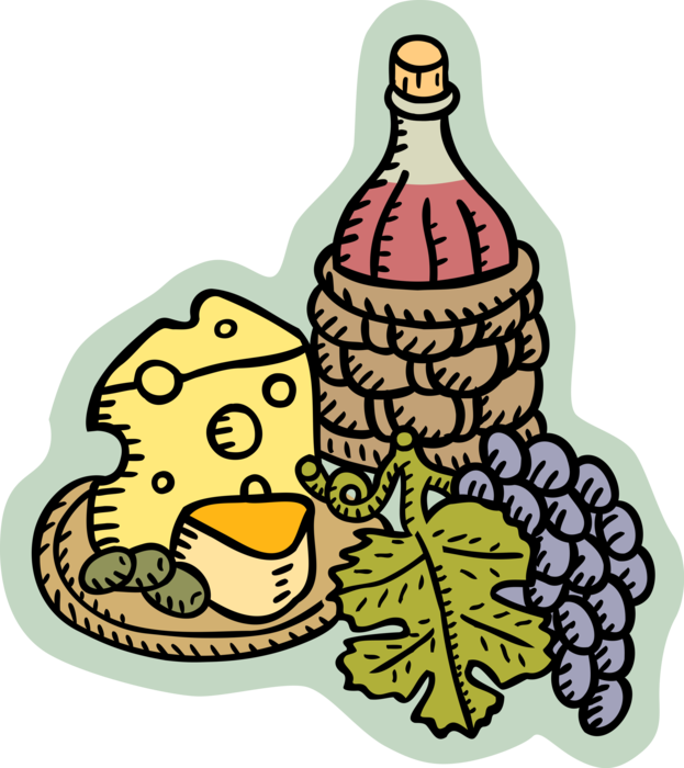 Vector Illustration of Red Wine with Grapes and Fresh Dairy Cheese