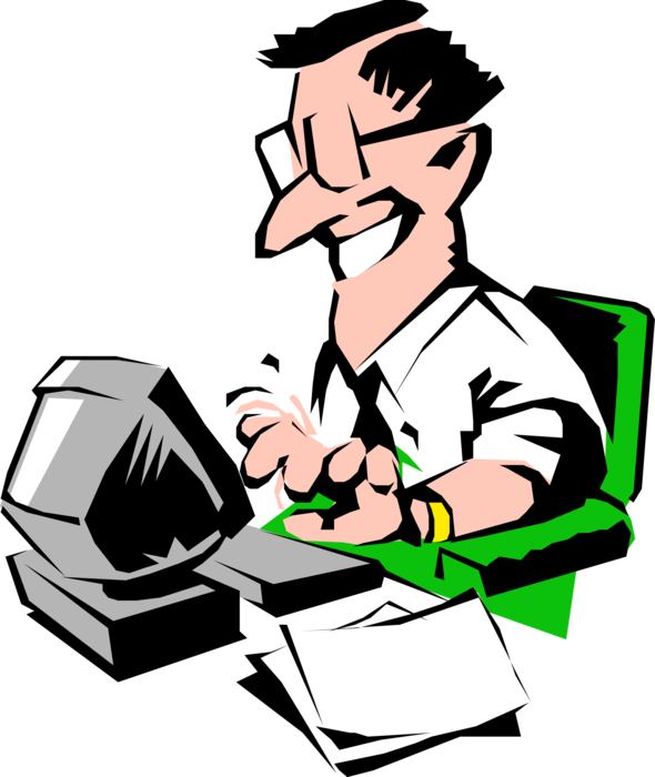 Vector Illustration of Happy Go Lucky Businessman Typing at Computer