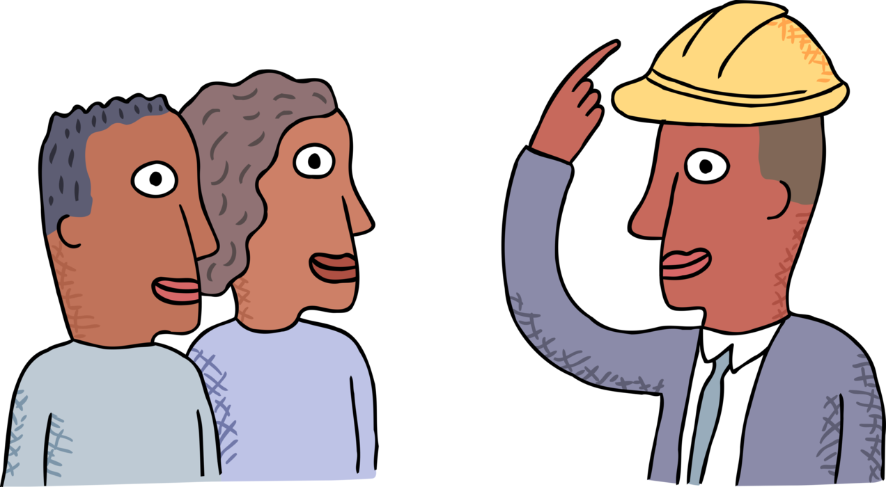 Vector Illustration of Man with Hard Hat Greets Workers