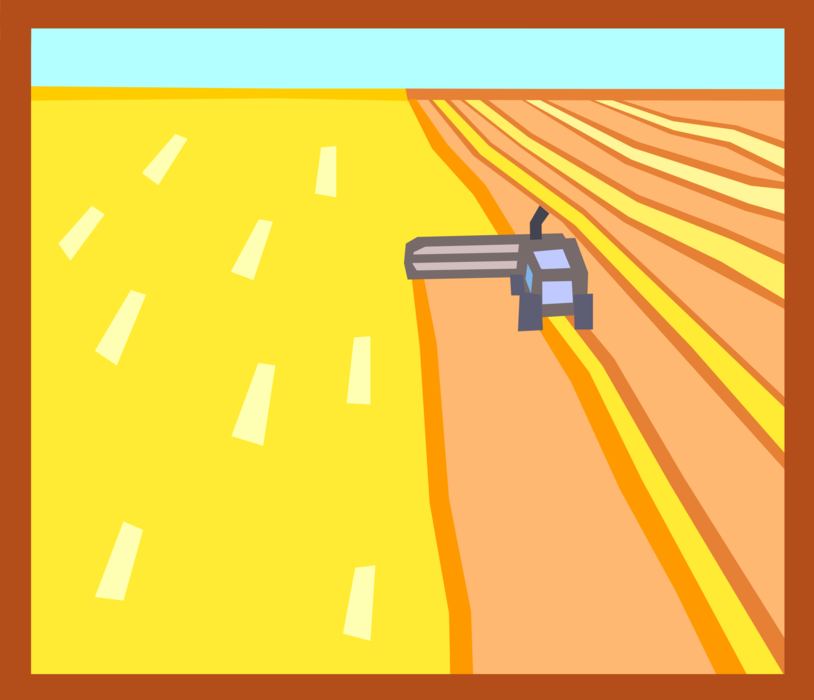 Vector Illustration of Fall or Autumn Harvest Time with Farm Equipment Combine Harvester Harvesting Grain Crop