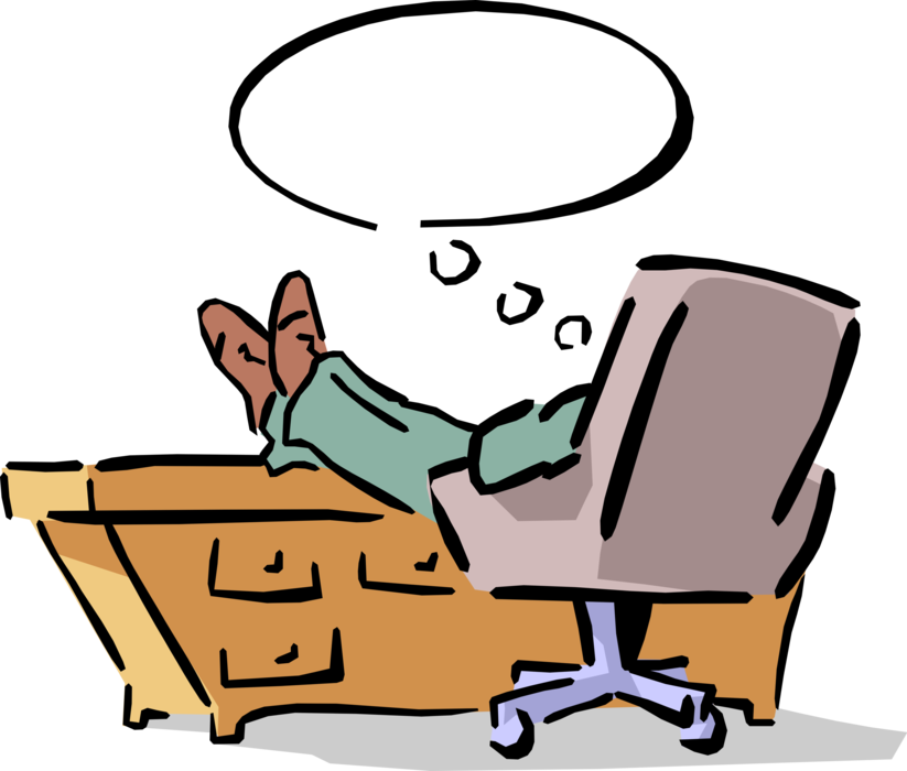 Vector Illustration of Businessman Thinking While Sitting at His Desk with His Feet Up