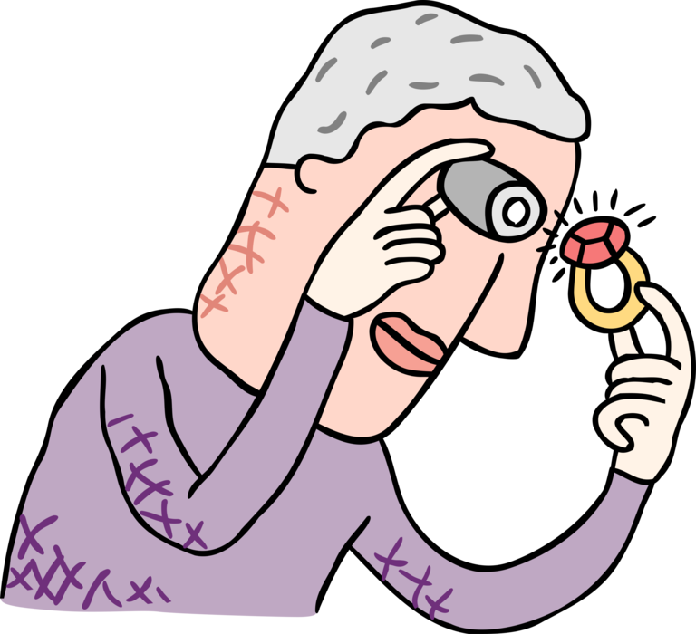 Vector Illustration of Jeweller Examining Precious Diamond Ring Gemstone