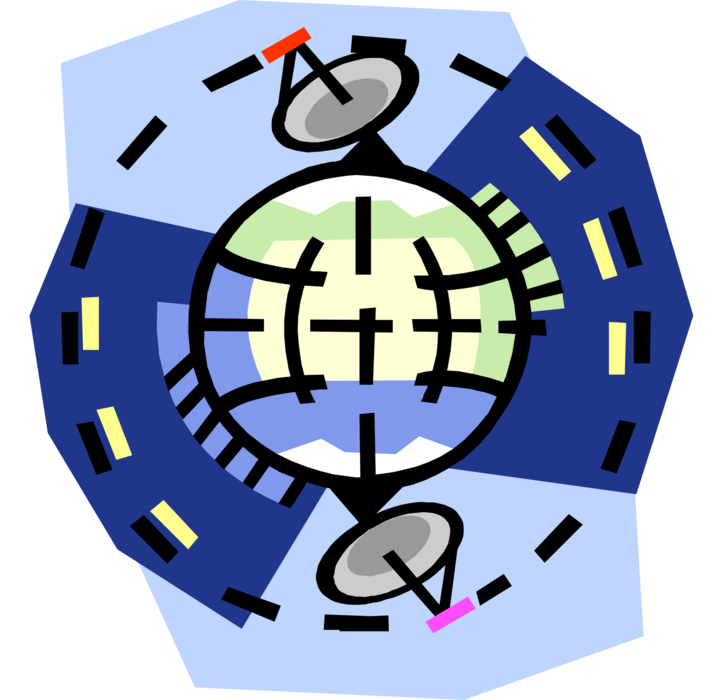 Vector Illustration of Satellite Dish Parabolic Antenna Receives Electromagnetic Signals Around the World