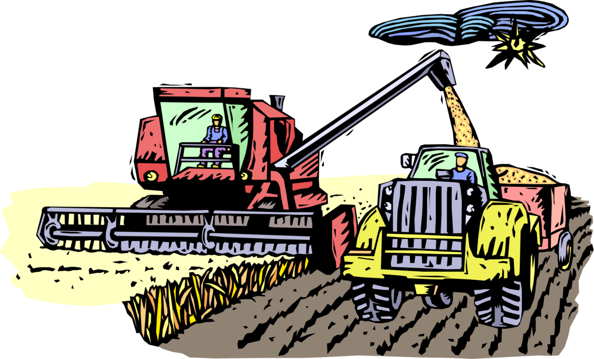 Vector Illustration of Farm Equipment Combine Harvester Harvests Grain Crops