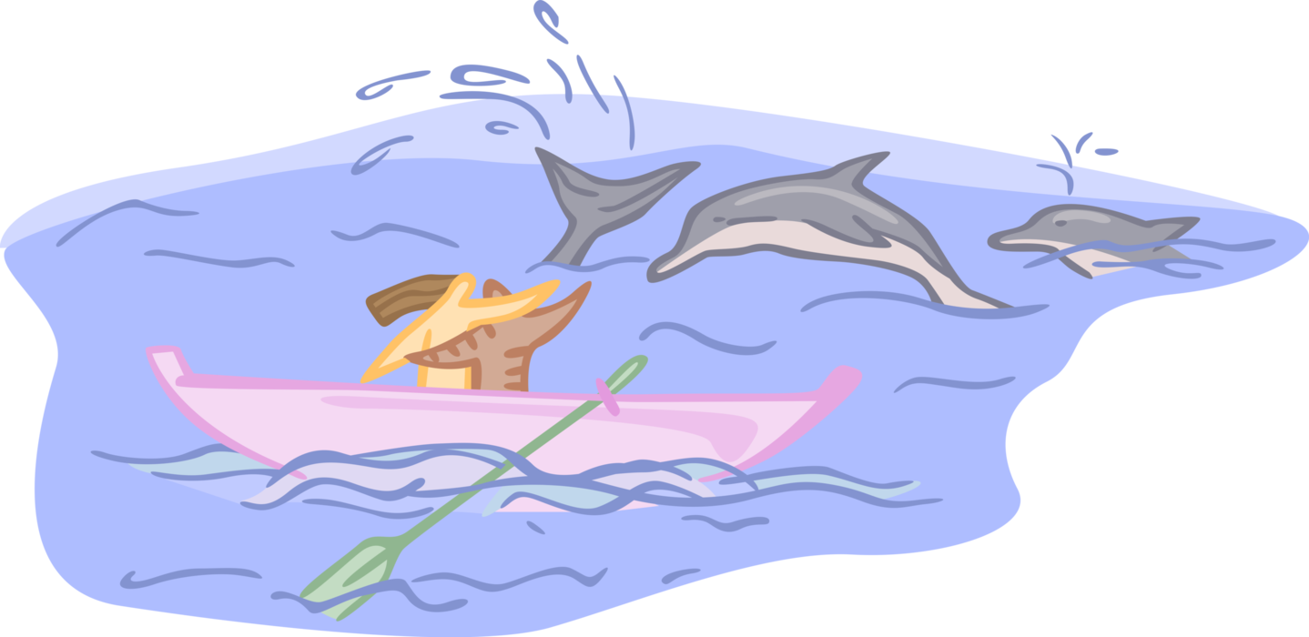 Vector Illustration of Couple in Boat Watching Cetacean Dolphins Swimming in Ocean