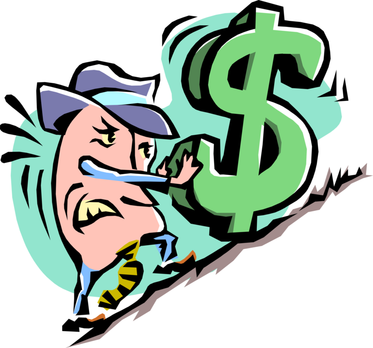 Vector Illustration of Big-Headed Businessman Pushing Cash Money Dollar Sign Uphill