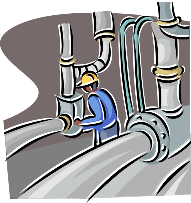 Vector Illustration of Fossil Fuel Petroleum and Gas Industry Oil Refinery Worker with Pipelines