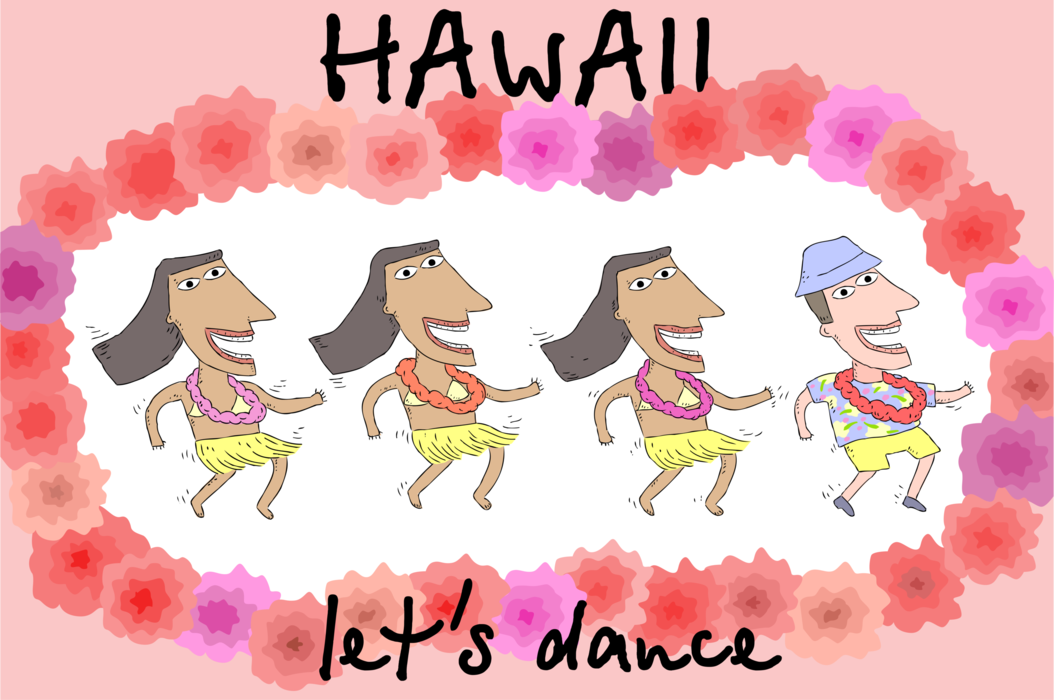Vector Illustration of Hawaiian Dancers Dance the Hula with Tourist on Vacation