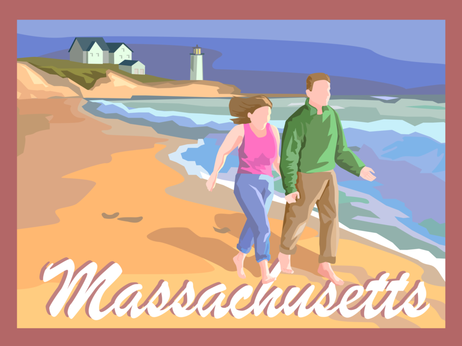 Vector Illustration of Massachusetts Postcard Design, Coastline Beach with Lighthouse