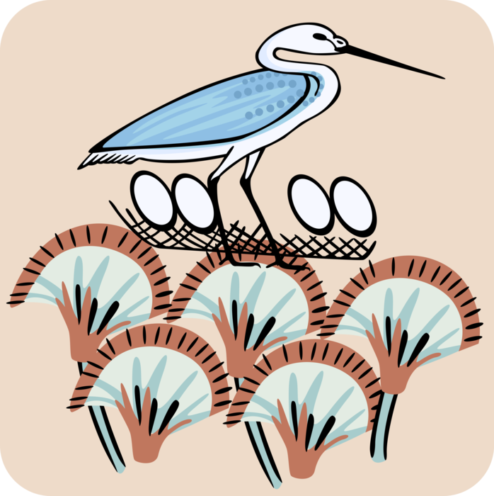 Vector Illustration of Heron Crane Bird in Nest with Eggs