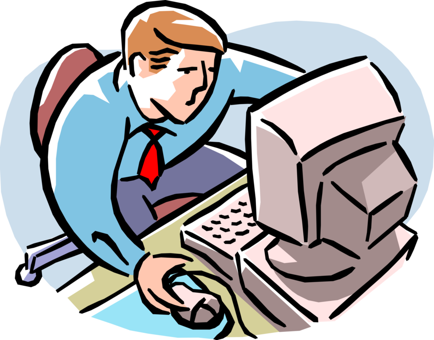 Vector Illustration of Businessman at Desk Goes Online with Work Computer