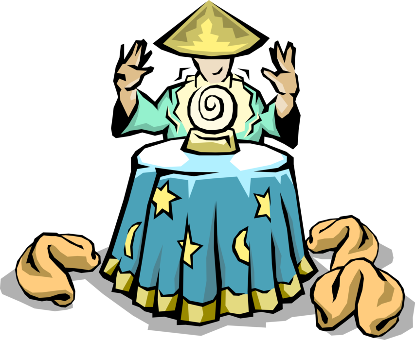 Vector Illustration of Chinese Fortune Teller with Crystal Ball and Fortune Cookies