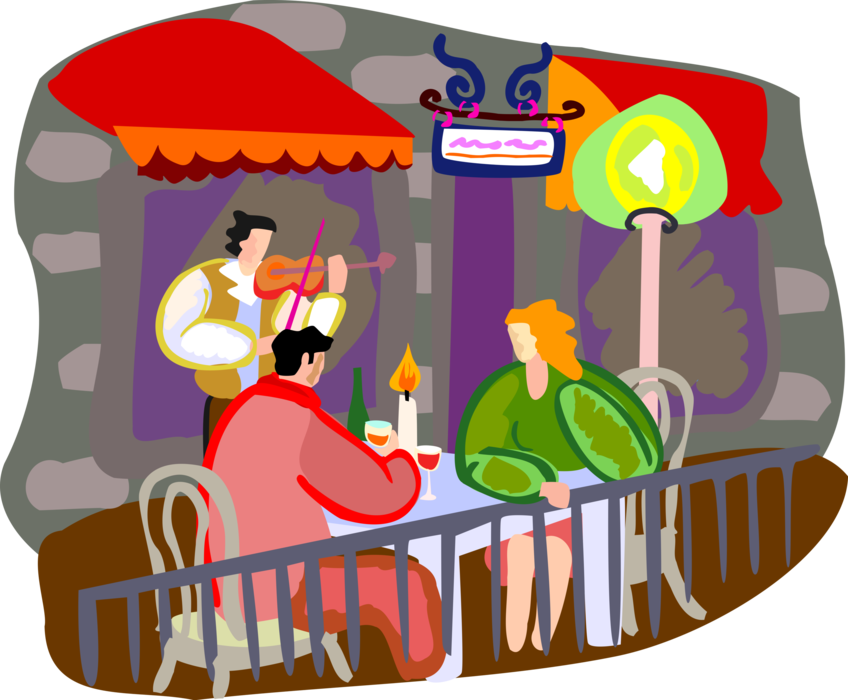 Vector Illustration of Couple Enjoy Wine and Conversation at Outdoor Paris Café with Violinist at Night