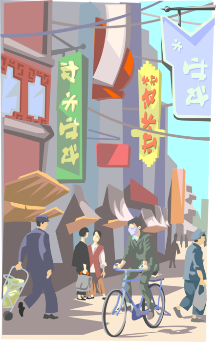 Vector Illustration of Chinese Street Scene Market Area with Commuters