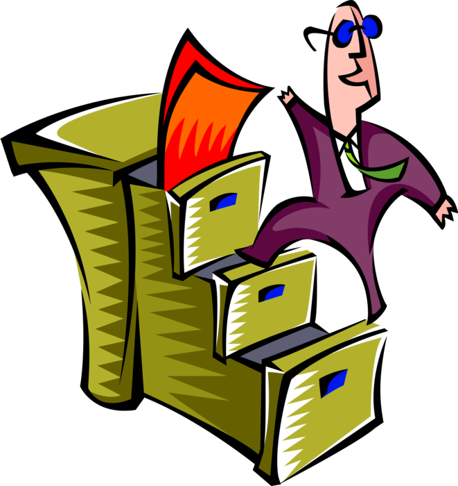 Vector Illustration of Businessman Climbing Filing Cabinet Staircase to Achieve Success