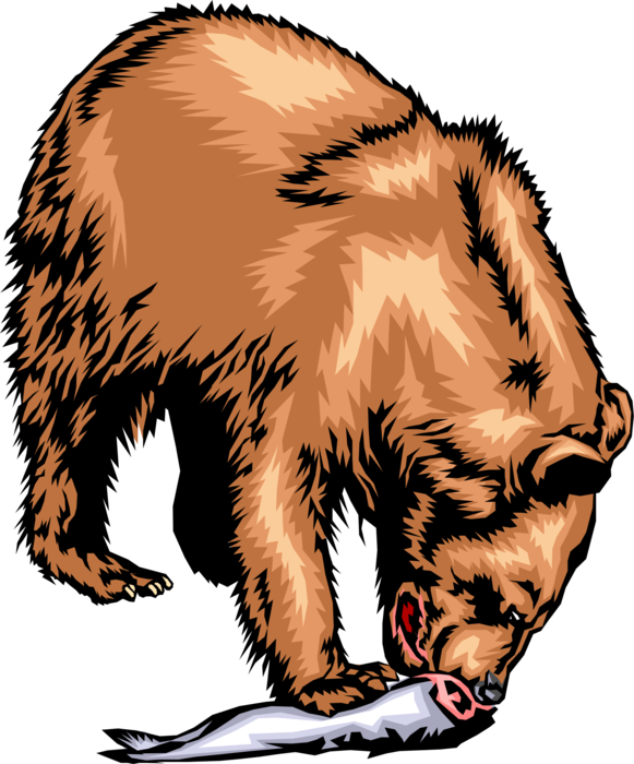 Vector Illustration of Brown Bear Eating Its Catch of Fresh Salmon Fish