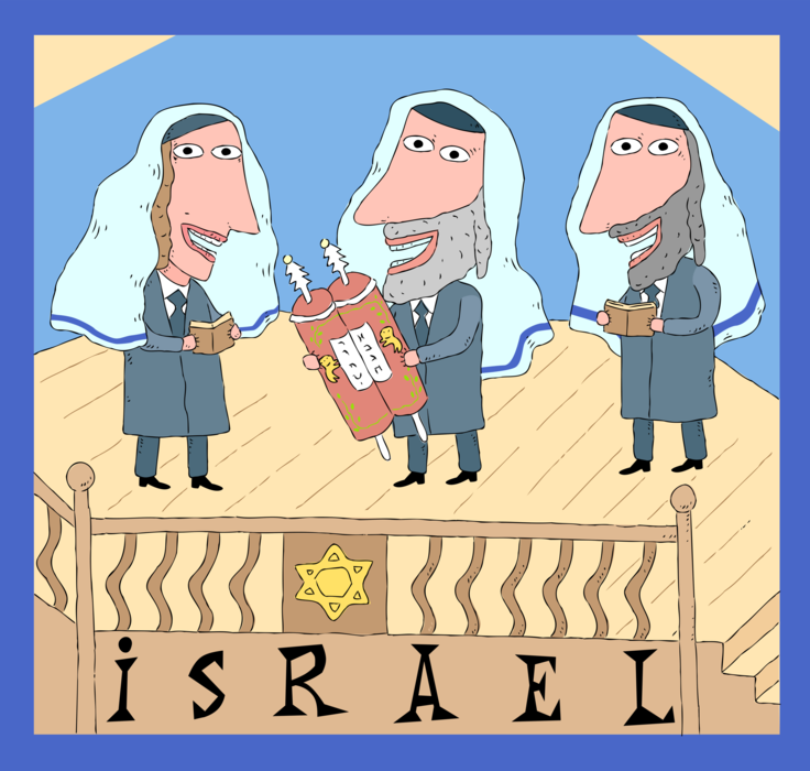 Vector Illustration of Hebrew Scholars in Israel with Sacred Torah Scroll Containing Writings