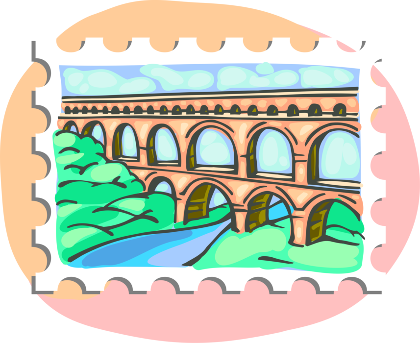 Vector Illustration of Postage Stamp of Pont du Gard Ancient Roman Aqueduct Over Gardon River in France