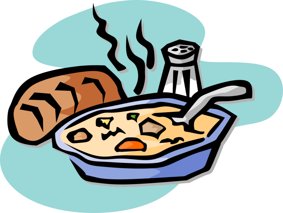 Vector Illustration of Hearty Lunch Soup with Fresh Baked Bread Roll and Salt Shaker