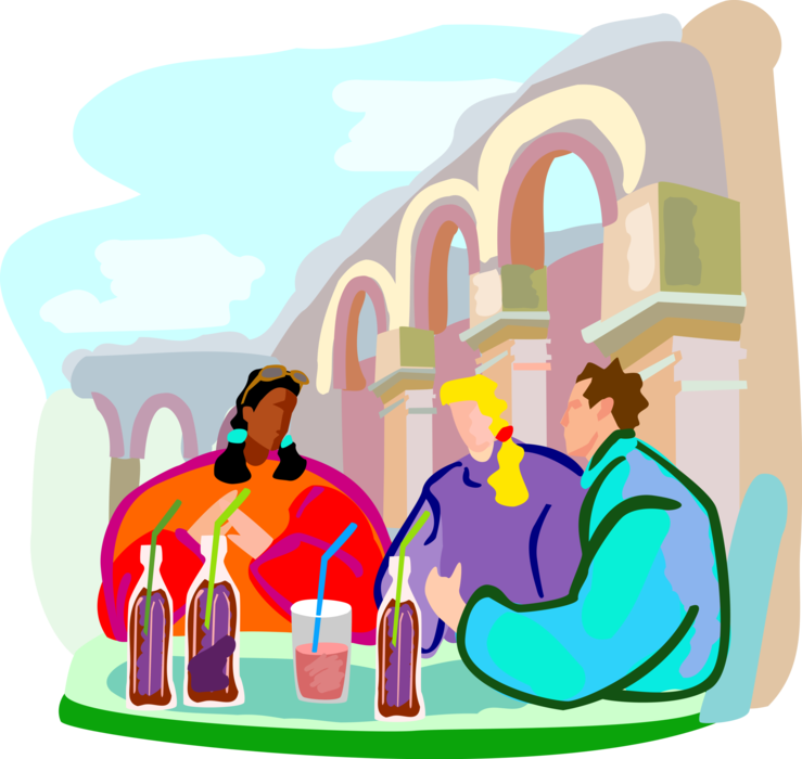 Vector Illustration of Friends on Vacation Travel to Ancient Ruins and Take Lunch Break