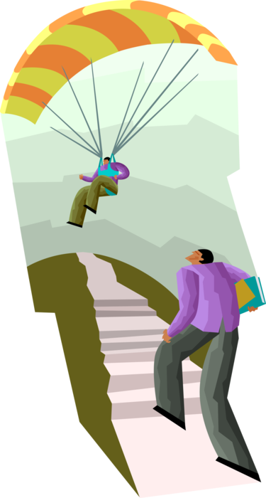 Vector Illustration of Difficult Uphill Climb to Achieve Goals versus Parachuting by Parachute