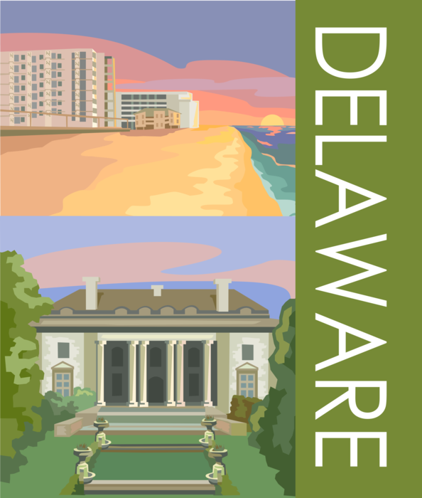 Vector Illustration of Delaware Postcard Design with Nemours Mansion and Gardens with Seashore, USA