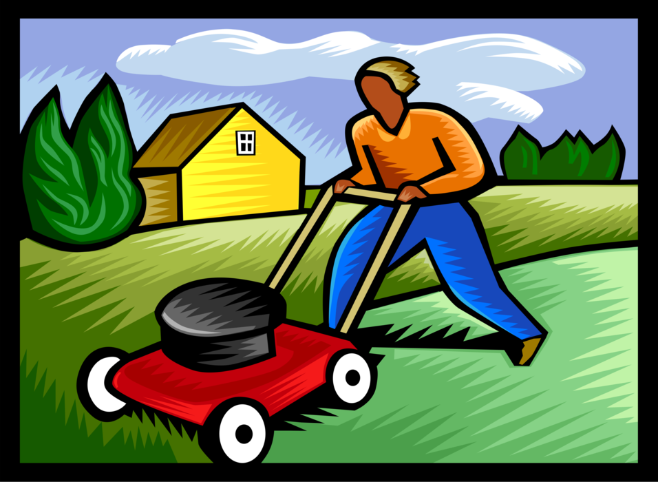 Vector Illustration of Mowing the Lawn with Yard Work Lawn Mower