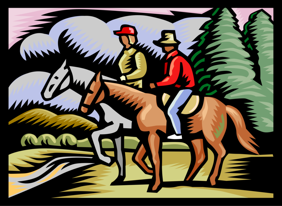Vector Illustration of Riding on Horseback in Country Setting