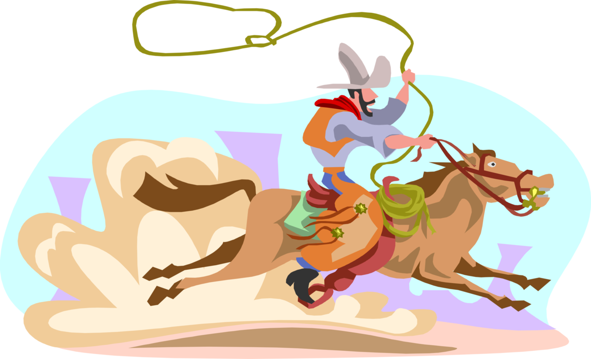 Vector Illustration of Old West Rodeo Rider on Horse with Lasso Lariat