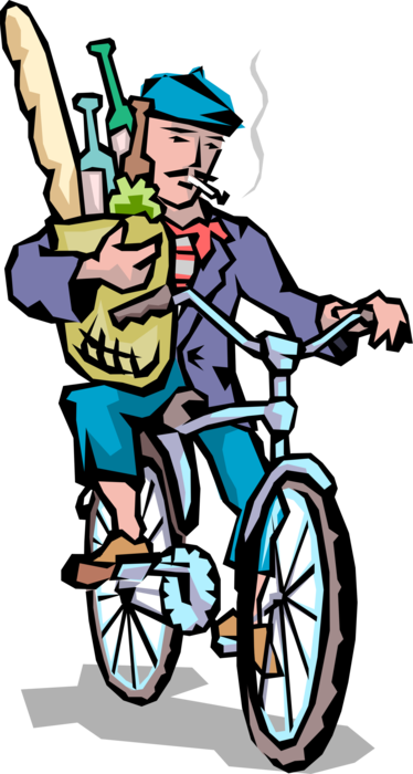 Vector Illustration of Frenchman on Bicycle Carries Baguette and Wine Groceries While Smoking