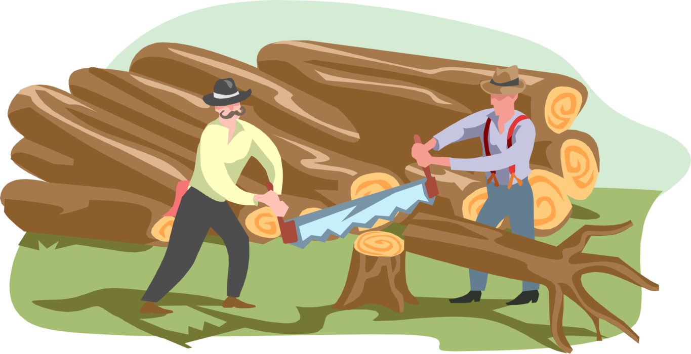 Vector Illustration of Forestry Industry Lumberjacks Sawing Trees into Logs