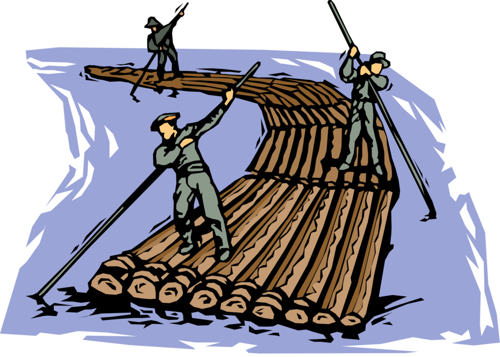 Vector Illustration of Logging and Wood Processing Industry Floating Logs Down River to Timber Mill
