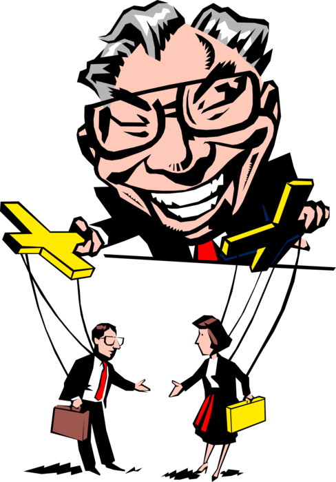 Vector Illustration of Business Executive Manipulates Staff Like Puppets