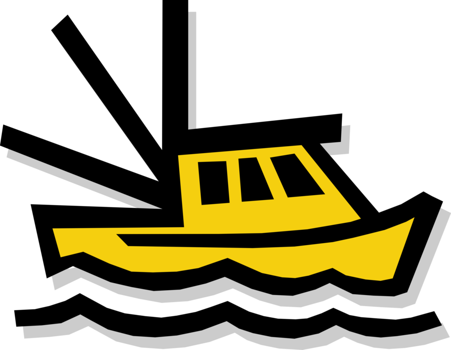 Vector Illustration of Commercial Fishing Trawler Boat Vessel on Ocean