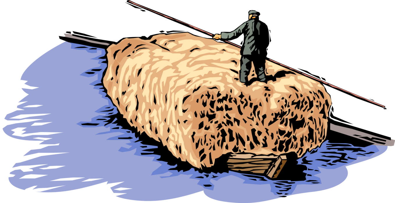Vector Illustration of Floating Barge Boat in Canal with Load of Hay