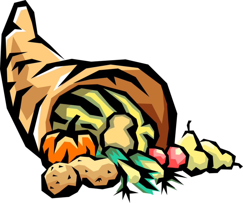 Vector Illustration of Cornucopia Horn of Plenty Basket with Fall Harvest Fruits and Vegetables