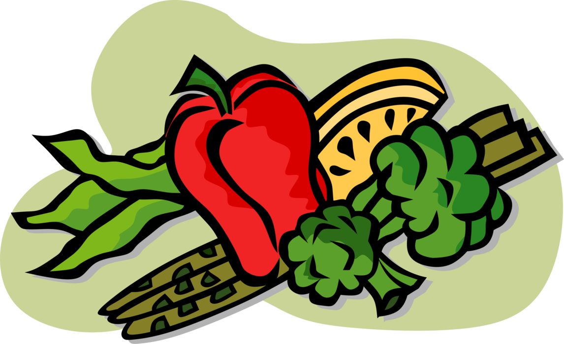 Vector Illustration of Red Pepper with Asparagus, Peas and Garden Vegetable Broccoli