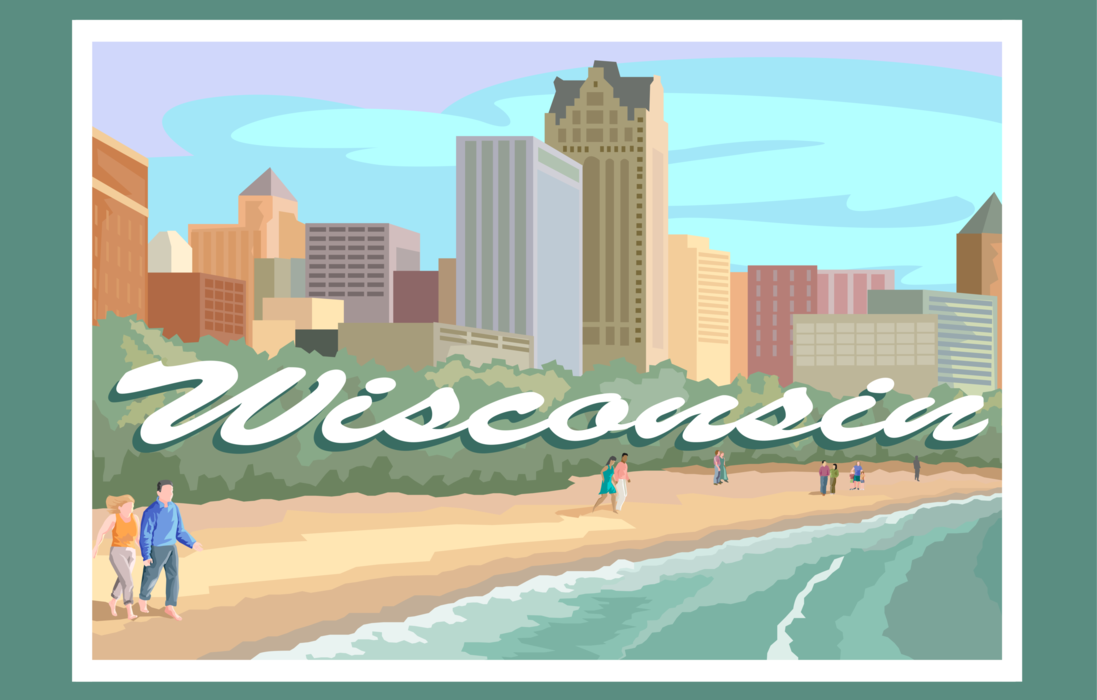Vector Illustration of State of Wisconsin Postcard Design with Milwaukee and Beach