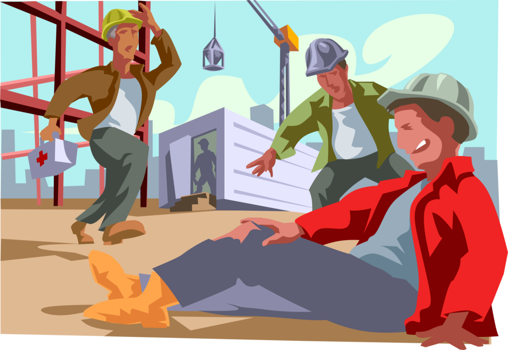 Vector Illustration of Workplace Worker Injury at Industrial Site Receiving Assistance from Co-Workers