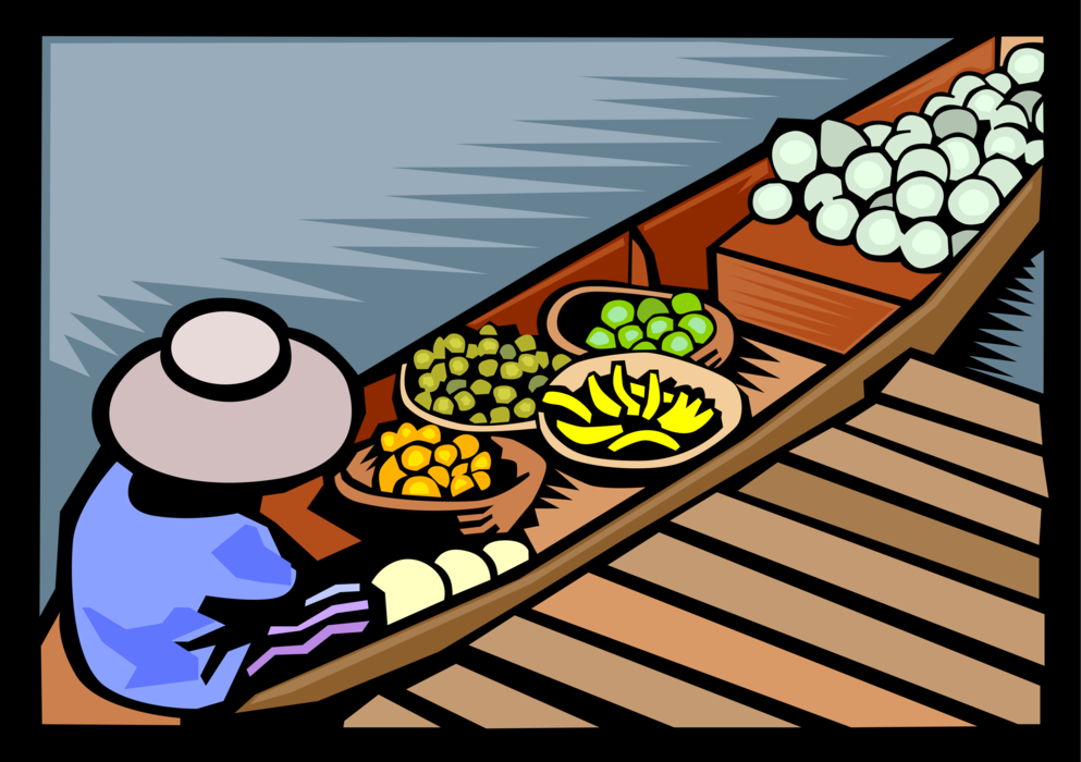 Vector Illustration of Asian Merchant Produce Vendor in Boat Stall Brings Fresh Food Fruits and Vegetables to Market