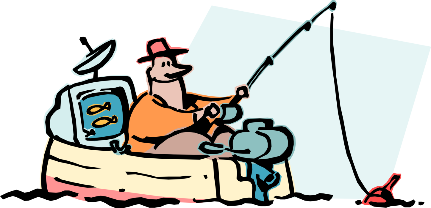 Vector Illustration of Sport Fisherman Angler in Boat Uses GPS to Find Fishing Hole