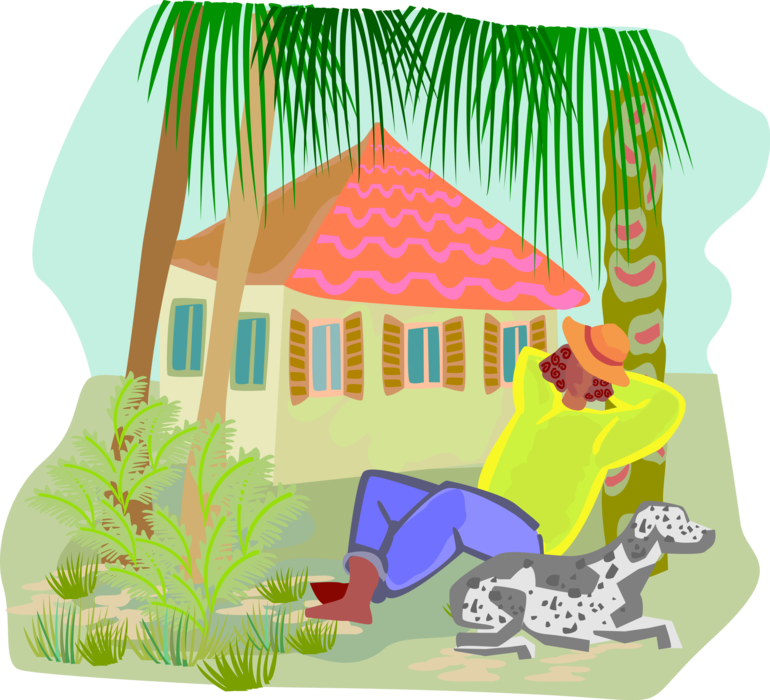 Vector Illustration of Lazy Summer Holidays Relaxing Under Palm Tree with Dalmatian Dog