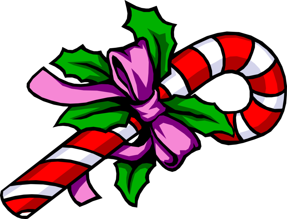 Vector Illustration of Holiday Festive Season Christmas Candy Cane or Peppermint Stick with Holly and Purple Ribbon